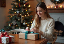 Femme souriante en train d'emballer des cadeaux de Noël