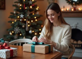 Couleur tendance de Noël 2025 : comment choisir la couleur parfaite ? Femme souriante en train d'emballer des cadeaux de Noël