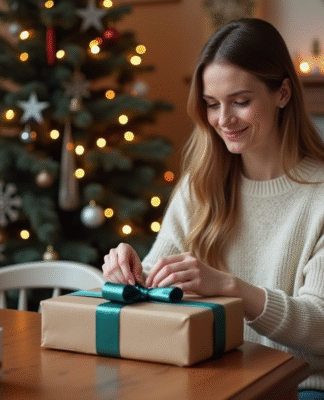 Femme souriante en train d'emballer des cadeaux de Noël