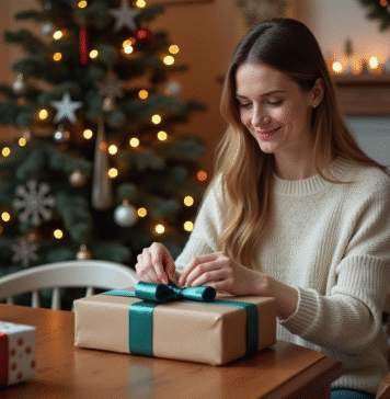 Couleur tendance de Noël 2025 : comment choisir la couleur parfaite ? Femme souriante en train d'emballer des cadeaux de Noël