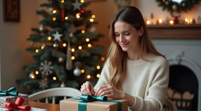 Femme souriante en train d'emballer des cadeaux de Noël