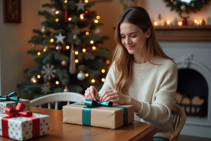 Femme souriante en train d'emballer des cadeaux de Noël
