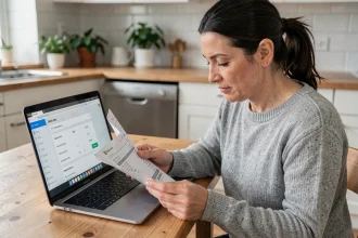 Femme consultant un calculateur de consommation électrique en euros sur un ordinateur portable dans une cuisine