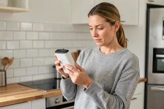 Femme tenant un chauffrapide électrique dans une cuisine moderne, comparant le produit avant achat