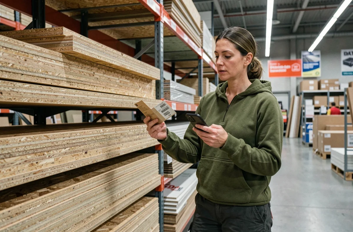 Femme comparant les prix des plaques OSB dans un magasin de bricolage