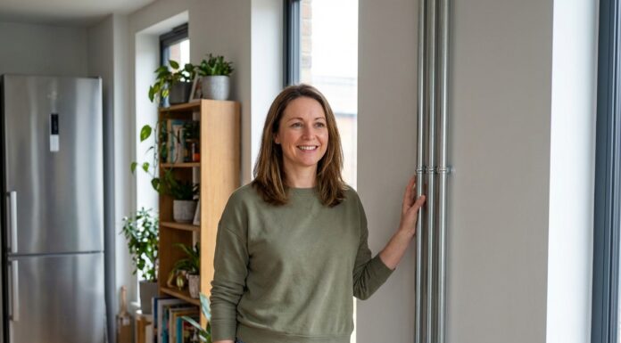 Femme souriante près d'un conduit moderne dans un salon