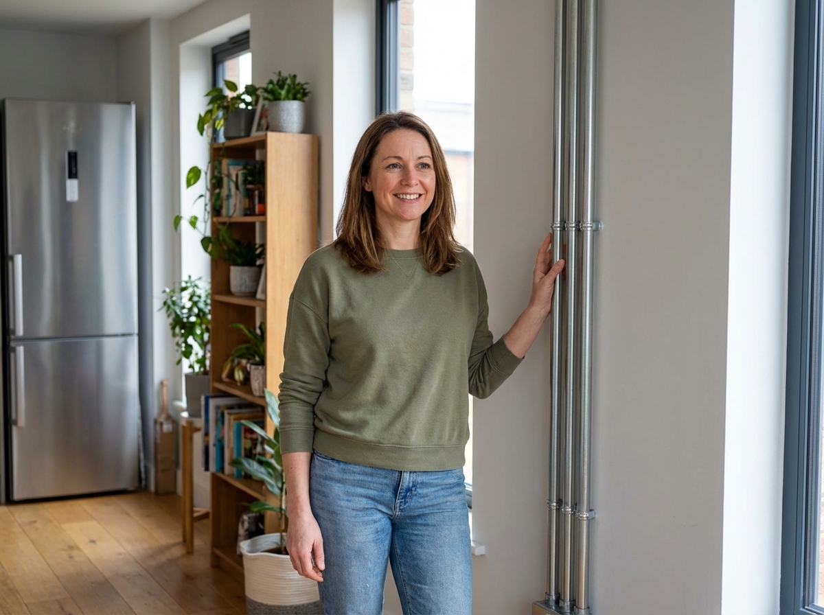 Femme souriante près d'un conduit moderne dans un salon
