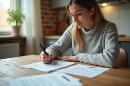 Femme révisant son contrat d'assurance habitation à la table de sa cuisine en 2025