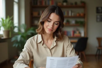 Femme consultant son contrat d'assurance habitation Macif à la maison