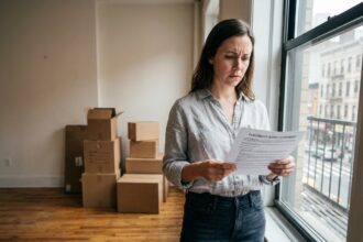 Femme consultant son contrat d'électricité dans un appartement vide lors d'un emménagement