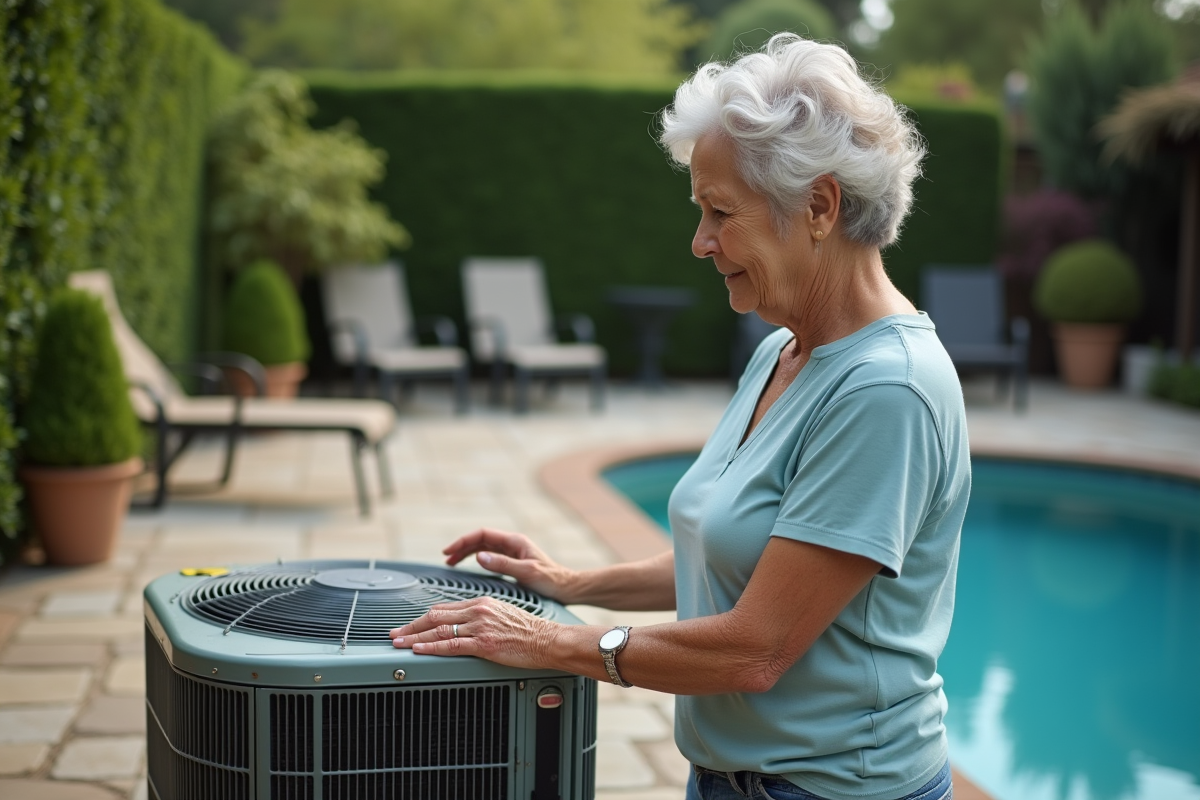 Femme âgée touchant une pompe à chaleur piscine ancienne dans le jardin
