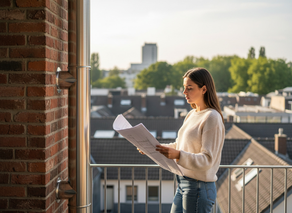 Jeune femme vérifiant des documents avec une cheminée urbaine en arrière-plan