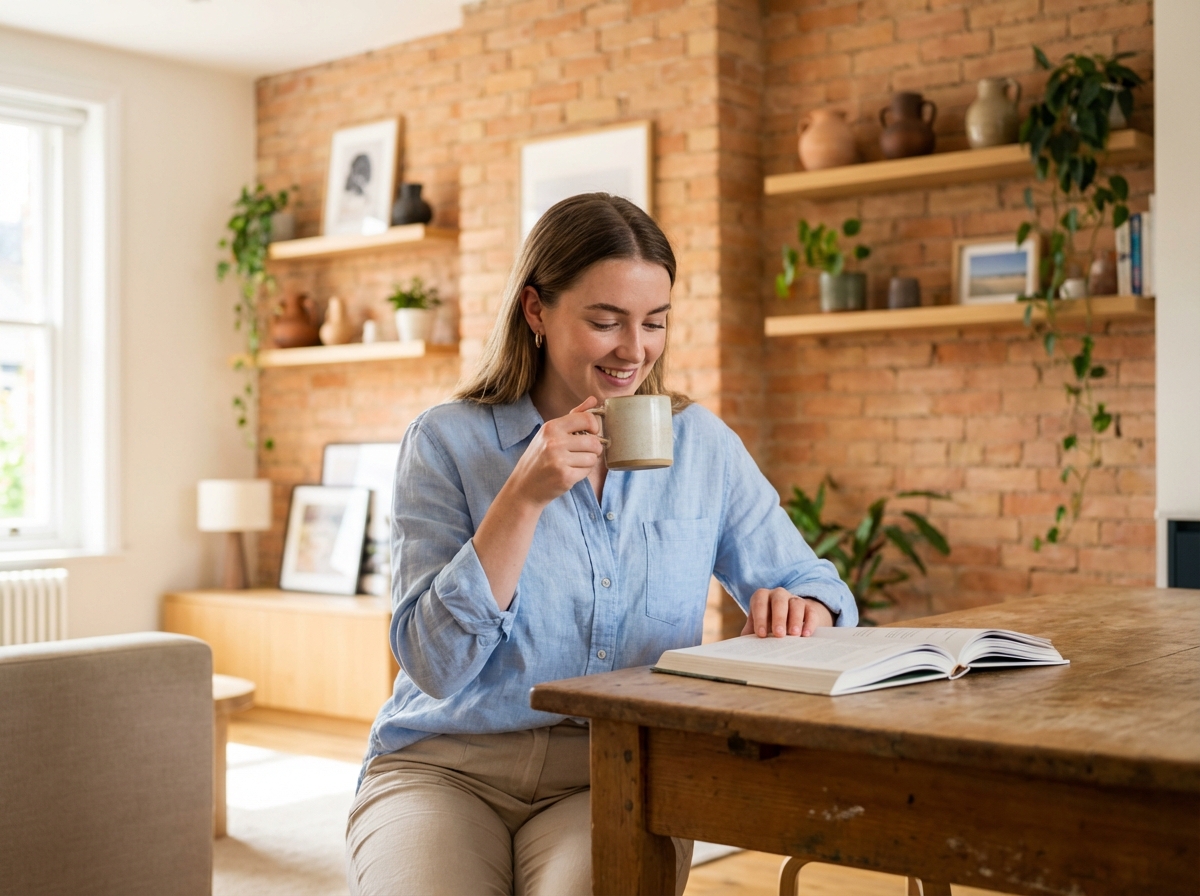 Jeune femme souriante boit du thé dans une cuisine en briques