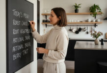 Femme écrivant un menu sur un ardoise dans une cuisine moderne