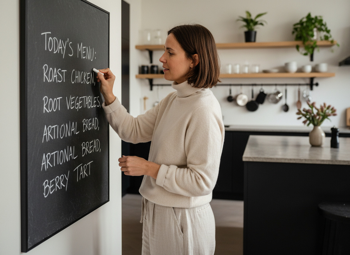 Femme écrivant un menu sur un ardoise dans une cuisine moderne