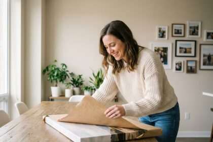 Femme souriante déballant un grand tableau sur une table en intérieur