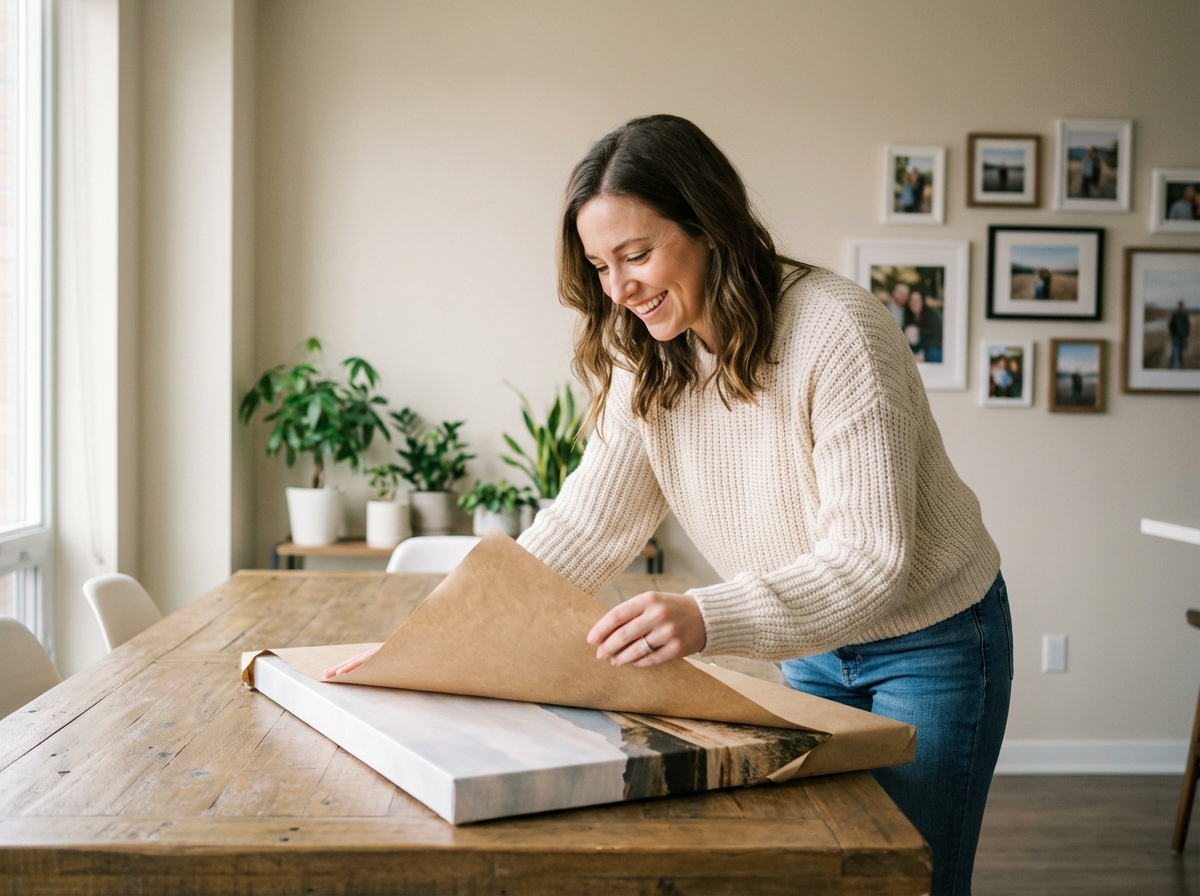 Femme souriante déballant un grand tableau sur une table en intérieur
