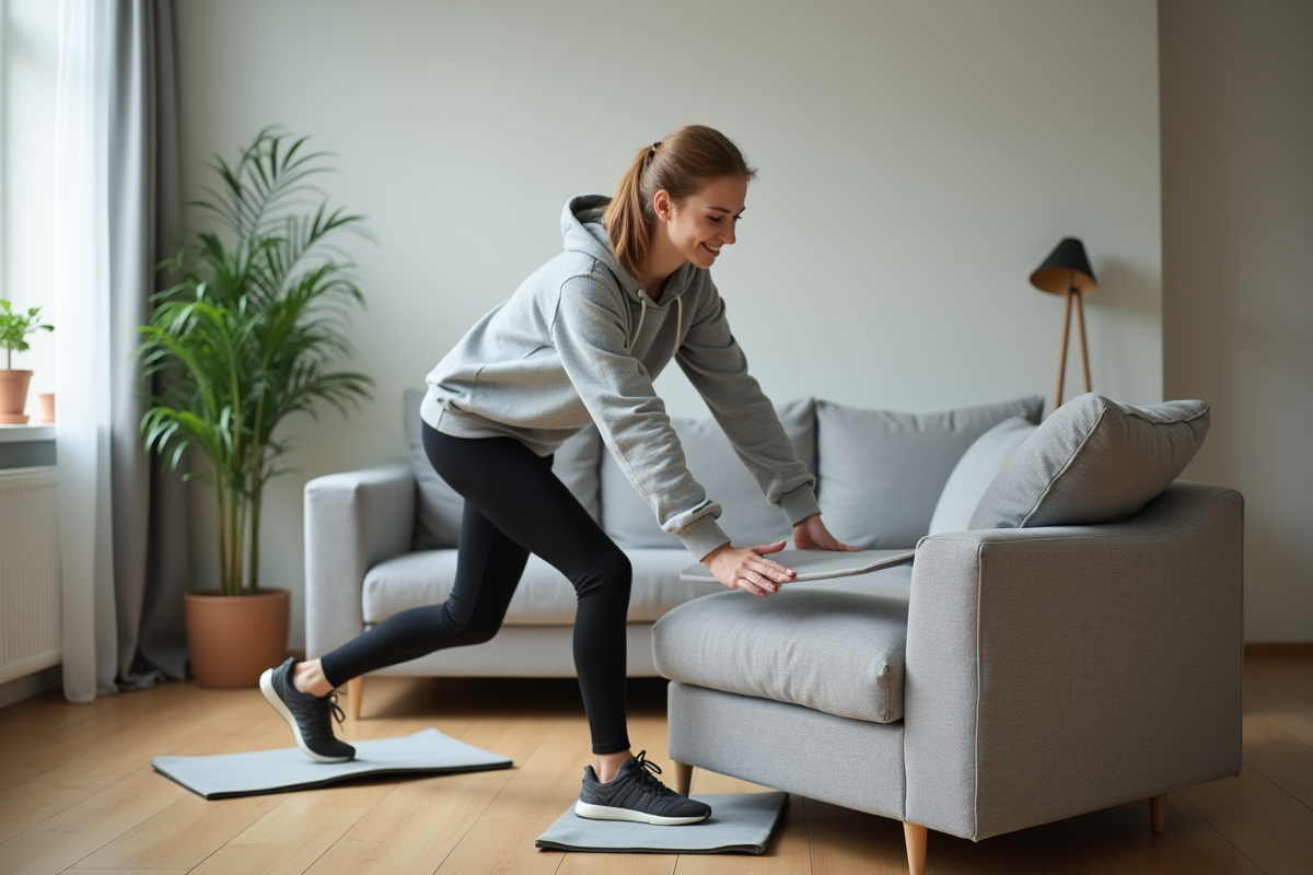 Jeune femme déplaçant un canapé avec des coussinets dans un appartement