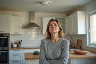 Femme regardant un détecteur de fumée qui sonne sans raison dans une cuisine moderne