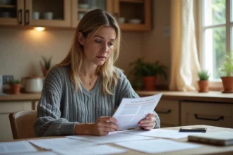 Femme consultant des documents d'assurance habitation MACIF à sa table de cuisine