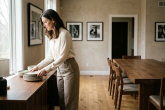 Femme élégante arrangeant de la vaisselle dans une cuisine moderne