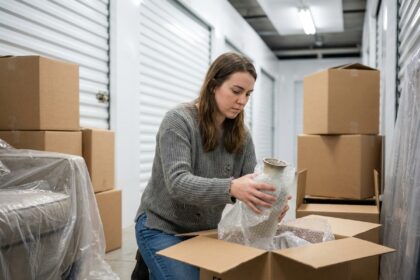 Jeune femme emballant un vase dans un centre de stockage