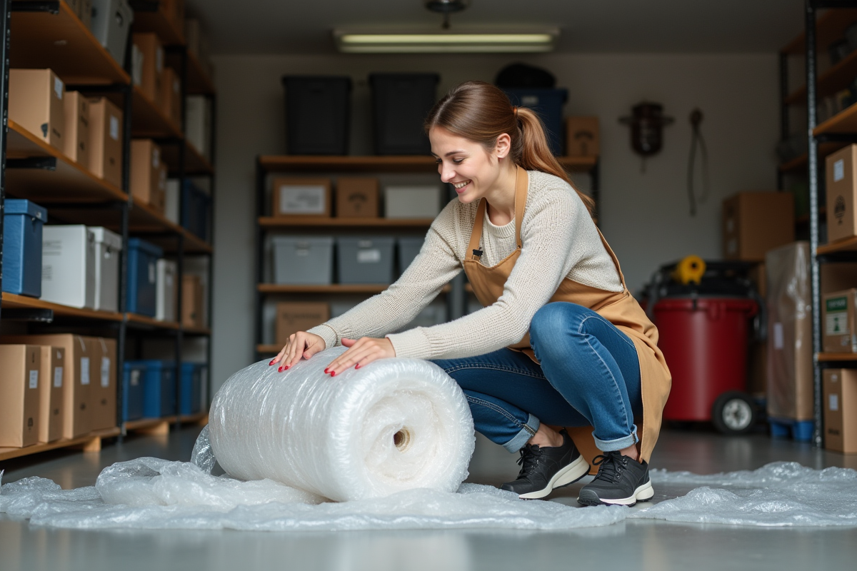 Jeune femme emballant un objet volumineux dans un garage