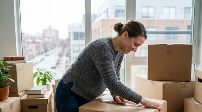 Jeune femme emballant une boîte de déménagement dans un appartement moderne
