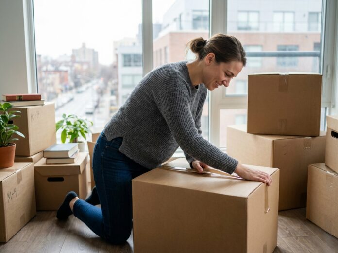 Jeune femme emballant une boîte de déménagement dans un appartement moderne