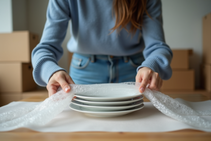 Femme emballant des assiettes en porcelaine dans une maison organisée