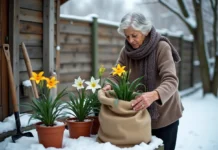 Conseils pour protéger votre lys pendant l’hiver : astuces et solutions Femme âgée couvre des lys avec un sac en hiver