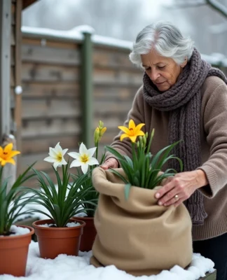Femme âgée couvre des lys avec un sac en hiver