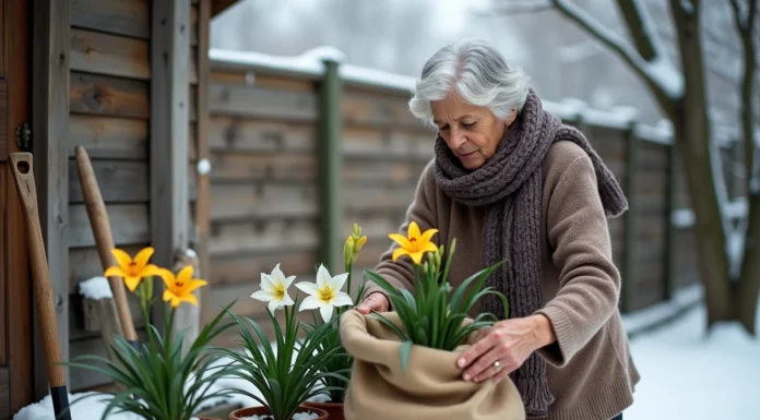 Femme âgée couvre des lys avec un sac en hiver
