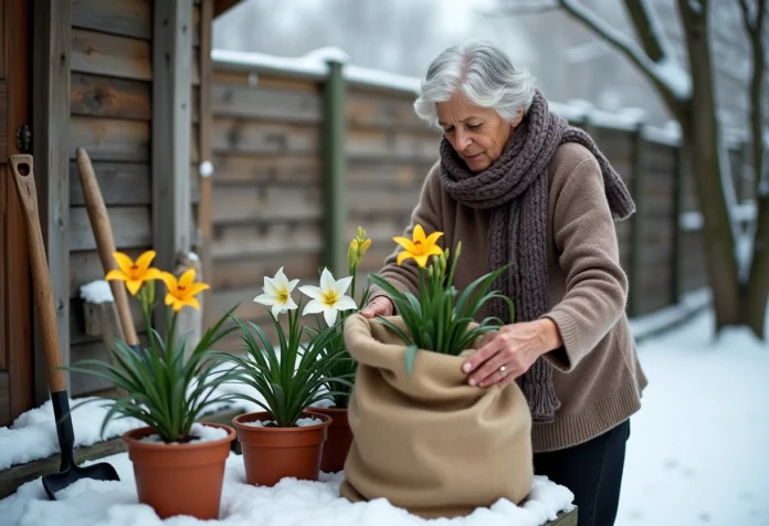 femme-hiver-lilies-proteges Femme âgée couvre des lys avec un sac en hiver