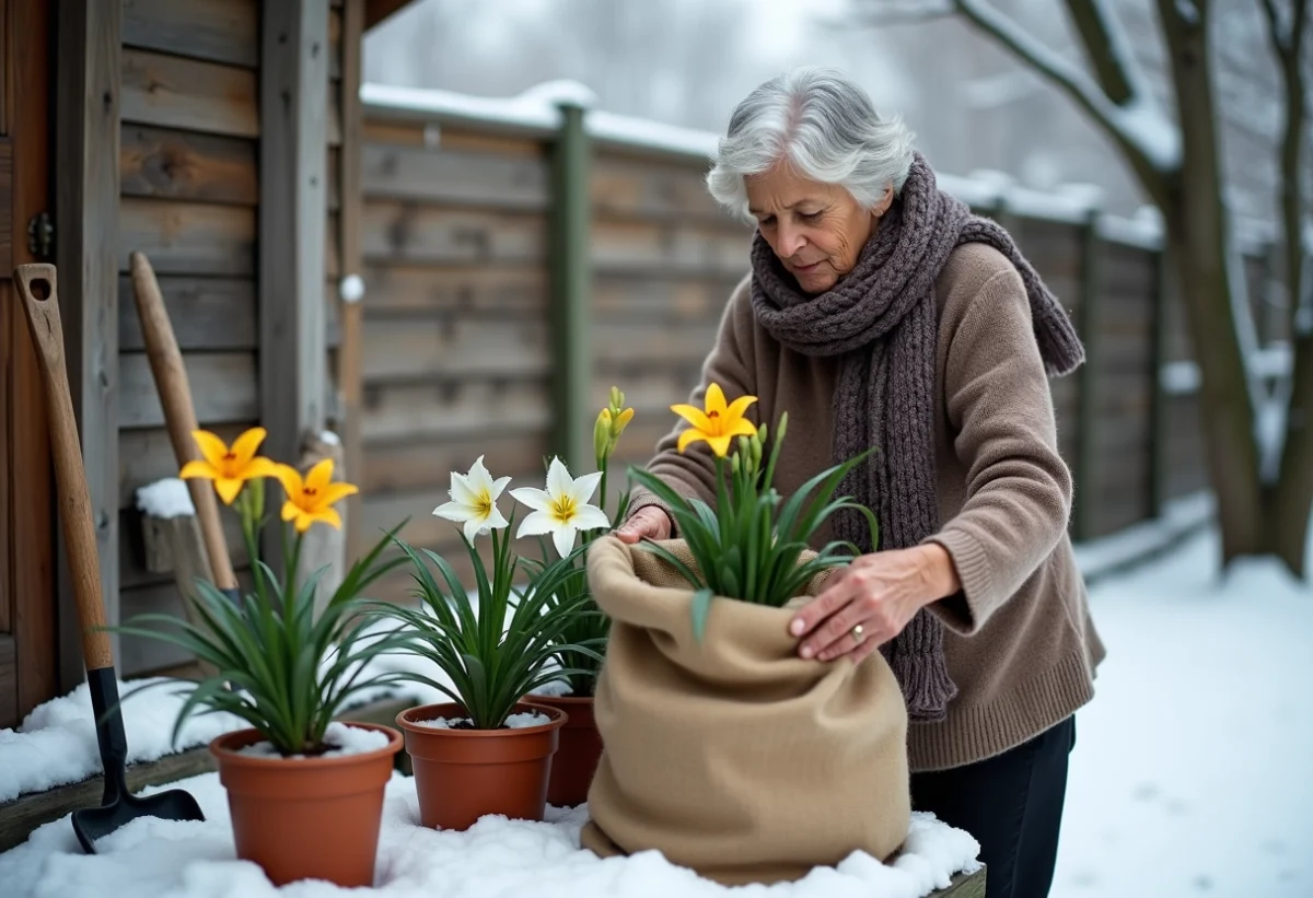 Femme âgée couvre des lys avec un sac en hiver