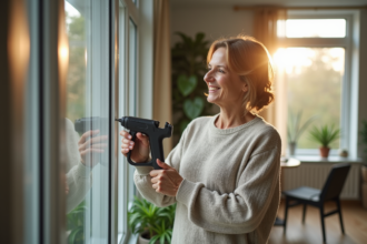 Femme isolant une fenêtre avec un pistolet silicone dans un salon moderne