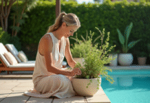 Femme en robe pastel arrangeant des plantes méditerranéennes près de la piscine
