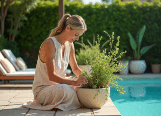 Décorer sa piscine : idées et conseils pour aménager le tour avec style Femme en robe pastel arrangeant des plantes méditerranéennes près de la piscine