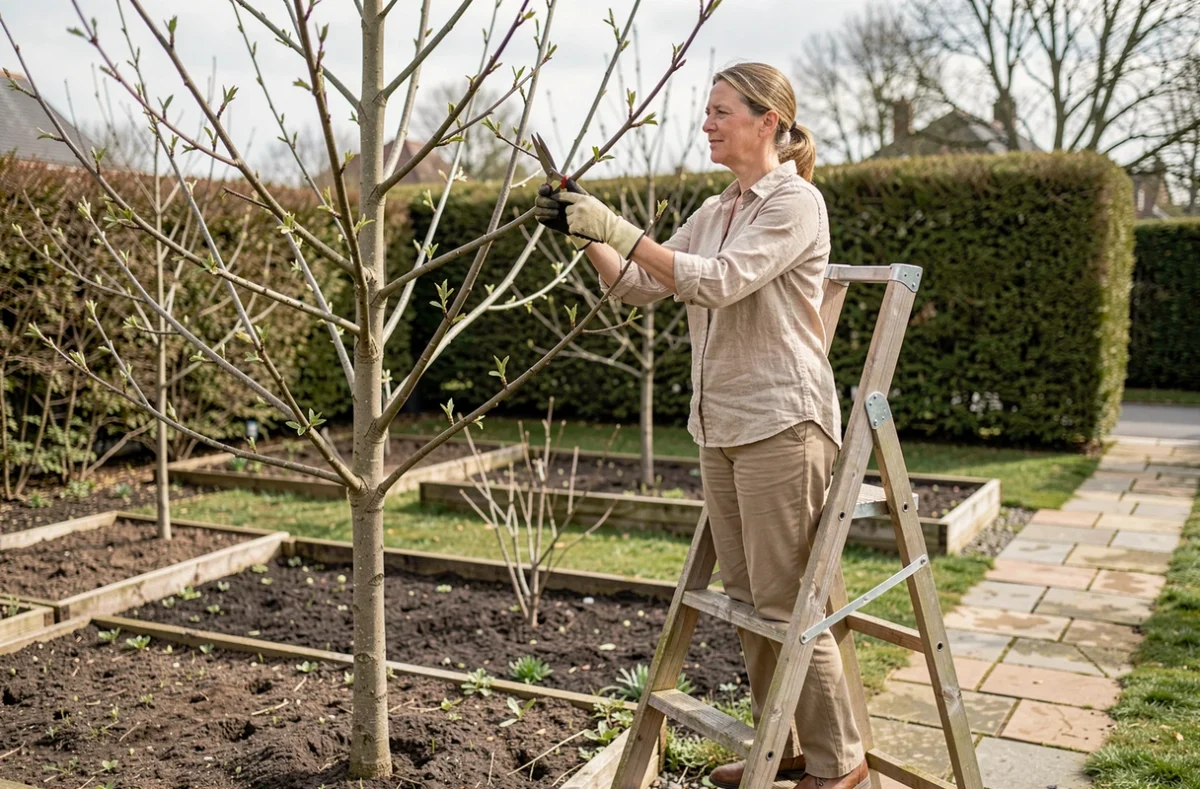 Femme jardinière taillant un jeune arbre fruitier sur un escabeau en bois au début du printemps