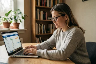 Femme consultant un portail administratif en ligne sur son ordinateur portable pour obtenir un justificatif de domicile gratuit