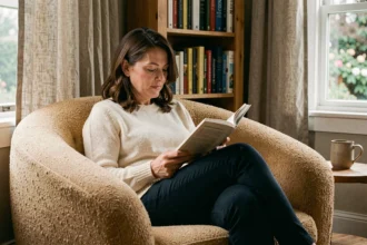 Femme lisant confortablement dans un fauteuil confort en boucle beige dans un salon cosy avec bibliothèque en bois