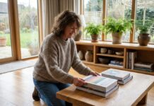 Pourquoi choisir du bois pour meubler votre salon ? Femme d'âge moyen arrangeant des livres d'art dans un salon moderne