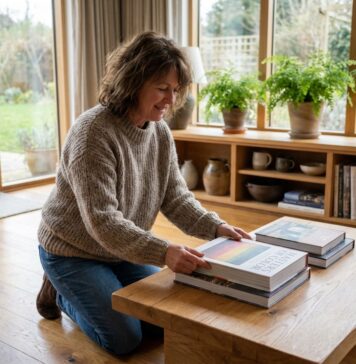 Pourquoi choisir du bois pour meubler votre salon ? Femme d'âge moyen arrangeant des livres d'art dans un salon moderne