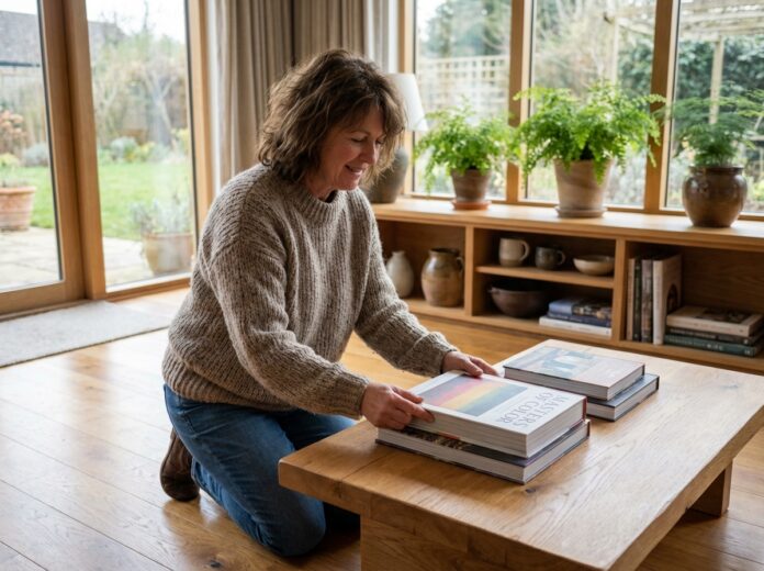 femme-livre-art-salon Femme d'âge moyen arrangeant des livres d'art dans un salon moderne