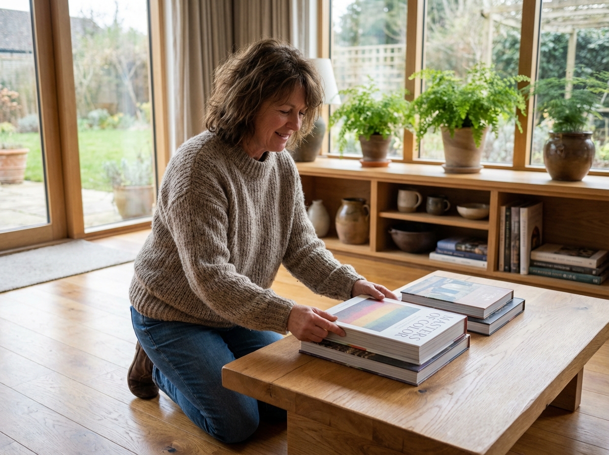 Femme d'âge moyen arrangeant des livres d'art dans un salon moderne