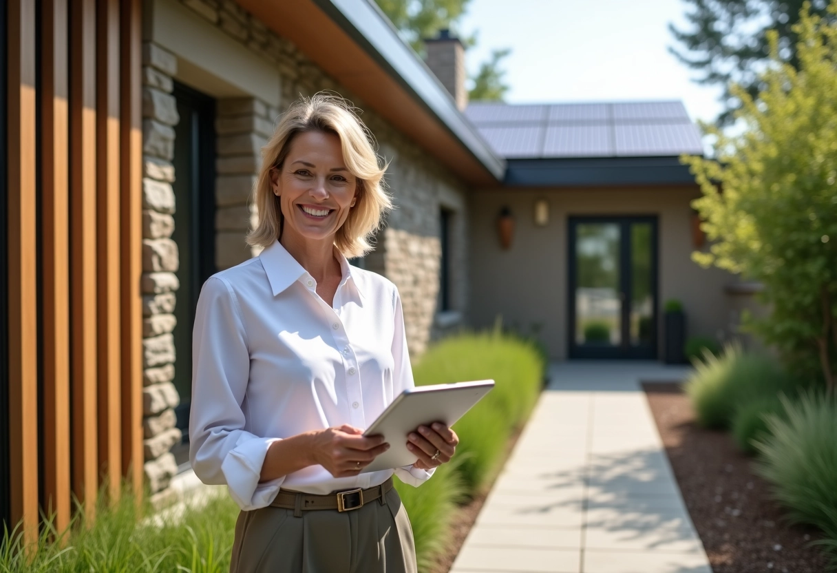 Femme devant maison écologique avec panneaux solaires