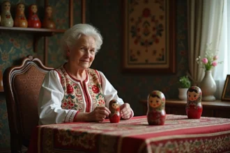 Femme russe ouvrant une poupée Matryoshka traditionnelle