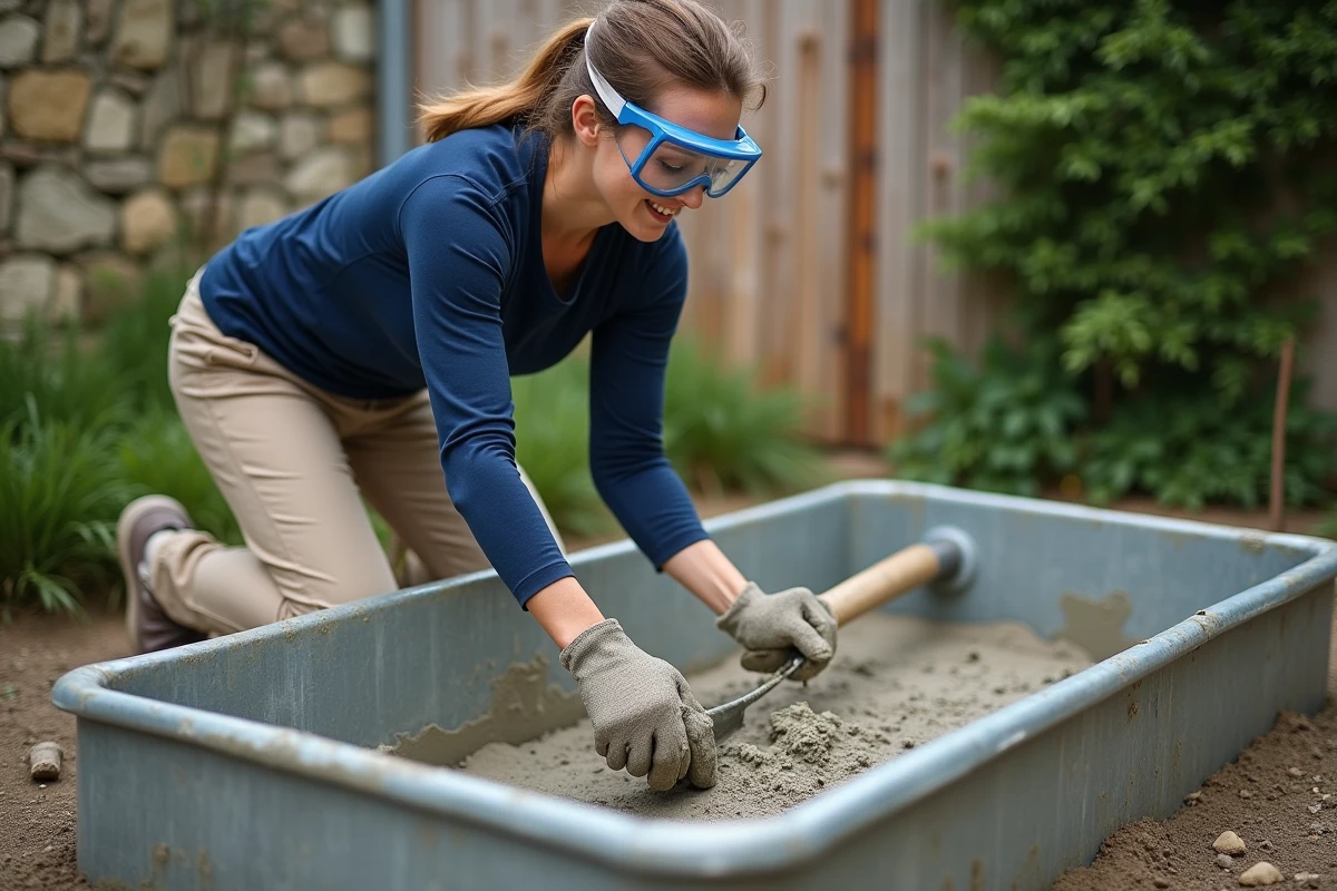 Femme mélangeant du ciment et du sable dans une auge métallique dans un jardin lors d'un projet de bricolage