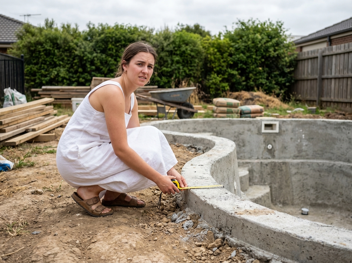 Jeune femme mesurant une piscine en construction dans le jardin