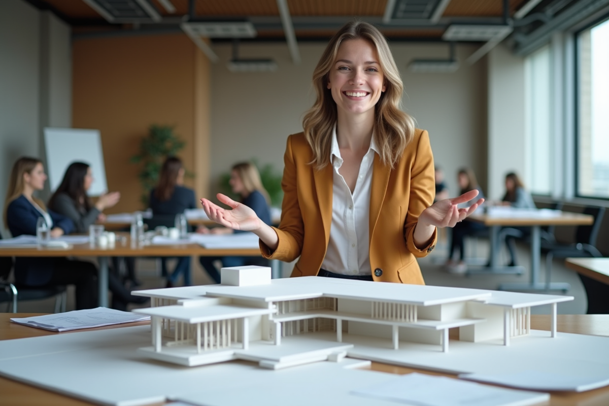 Jeune femme souriante montrant un modele architectural